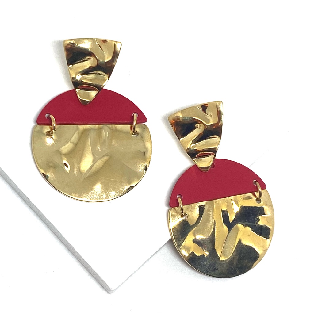 2/$25 Red Gold Geometric Dangle Earrings D45